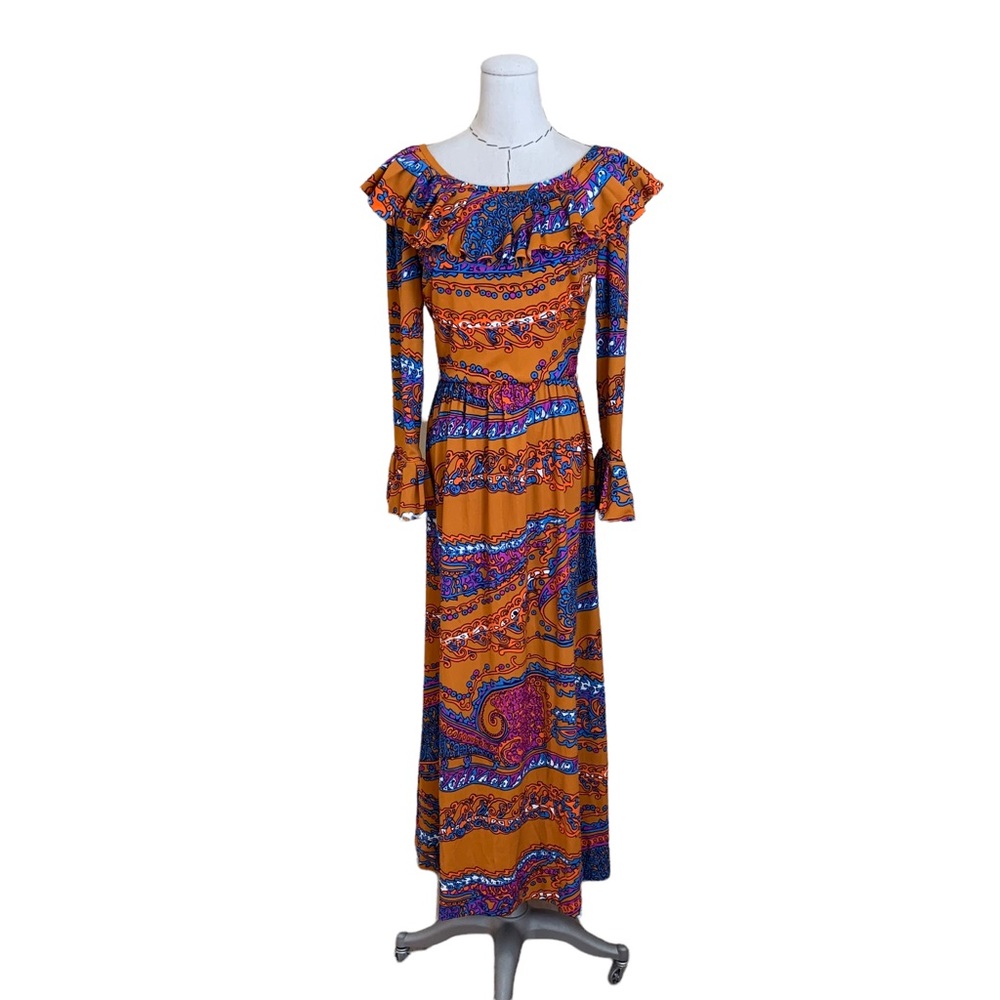 Vintage 60s 70s Dynasty Bright Psychedelic Print Poly Hostess Ruffle Max…